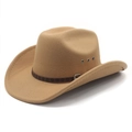 Classic khaki felt cowboy hat with printed decorative band and wide curved brim - M (56-58cm) / Camel