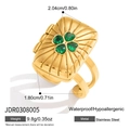 Detailed view of square gold stainless steel locket ring with green clover gemstones - Clover Pattern (JDR0308005)