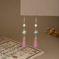 Close-up of butterfly pearl tassel earrings with enamel clouds and pink water drops - E6405 (Pink Drop/Pearl/Enamel/Gold Leaf)