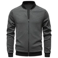 Detail of grey knitted jacket showing zipper texture and black ribbed collar cuffs - S / Dark Gray