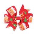 Detail of Christmas red bow hair clip featuring gingerbread house and tree patterns - Red Gingerbread House and Christmas Tree