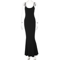 Detail view of black backless long dress with slim fit mermaid hem and thin straps - S / Black