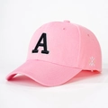 Pink cotton baseball cap with black letter A embroidery and curved brim in white background - Pink