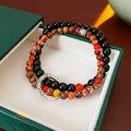 Detailed view of a double-layer bead bracelet with vintage silver charms in a green box - Double Layer Natural Stone Style (13#) / Black
