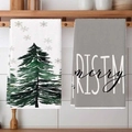 Christmas dish towels featuring green tree pattern and grey merry print on kitchen rack - Christmas Tree and English Style (MJBT66-61) / 2 Pieces/Pack (40*60cm)