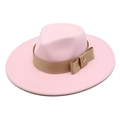 Pink wool fedora hat with light brown ribbon bow and gold bee charm detail - M (56-58cm) / Pink