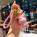 Cute pink resin rabbit keychain charm with braided leather strap and golden bell detail - Single Piece / Pink Rabbit