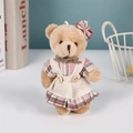 Portachiavi orsetto di peluche marrone chiaro in vestito a quadri rosa con fiocco - Orso Femmina con Fiocco Rosa / 11cm