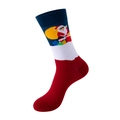 Blue Christmas socks featuring Santa Claus with a gift bag and a red heel design - One Size / 281-Blue White Red Santa