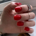 Classic glossy red square press-on nails shown with elegant minimalist silver rings - Glue Type / Pure Red (JP3362)