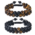 Detail of adjustable double-layer tiger eye and matte black stone beaded bracelets - Couple Set 2 (Tiger Eye & Matte)