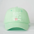 Detail of mint green baseball cap with embroidered Baseball Player Calls Me Mom slogan - One Size / Light Green