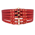 Dark red wide elastic waist belt with crocodile texture and gold metal ring rivets - Red