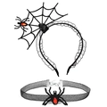 Detail of Halloween spider web headband and mesh choker with red rhinestones - 16# Red Ruby Spider Set