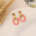 Macro view of gold geometric hoop earrings with magenta oval pendants on a white plate - 4# Oval Rose Red
