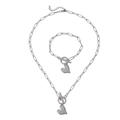 Silver stainless steel paperclip chain necklace and bracelet set with heart pendants - Necklace & Bracelet Set / Silver