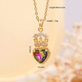 Golden necklace with heart-shaped colorful crystal and crown pendant plus dimension specs - Heart Crown Gold 400