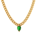 Cuban chain necklace in gold finish with a pear-cut green zircon pendant for women - Green Zirconia Waterdrop Pendant / Gold
