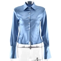 Detailed view of blue satin long-sleeve shirt with lapel collar and white buttons - S / Dark Blue