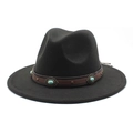 Chapeau fedora en laine noire avec bande en cuir turquoise pour hommes et femmes - Noir