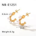 Detail view of C-shaped titanium earrings with pearls and dimensions 2cm by 0.6cm - Gold Pearl Style (NB-E1251)