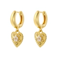 Detail showing vintage gold heart earrings with clustered pearls and zircon accents - Vintage Heart Pearl Dangle Earring / Gold