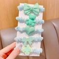 Set of 5 light blue elastic hair ties with green bow and bear charms on display card - Five-Piece Set / Green Bear 5-Piece Sets