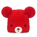Cute red knitted baby winter hat with double pom poms and cartoon bear face details - One Size (Fits 3 Months-2 Years) / Red