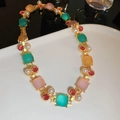 Vintage gold-plated floral necklace with colorful crystals and pearls - 18# Necklace - Multicolored - Square (Frosted Stone)