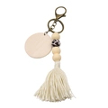 Boho tassel keychain with leopard print wood beads and natural wood disc pendant - Off White