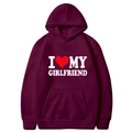 Dark red hoodie with I Love My Girlfriend print and front kangaroo pocket - S / Tops / Burgundy