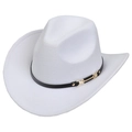 Classic white felt western cowboy hat featuring a black leather band and gold metal buckle - M (56-58cm) / White (169-I)