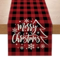 Red and black plaid Christmas table runner with Merry Christmas print and snowflakes - Red Black Plaid Merry Christmas