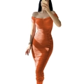 Elegant off-shoulder ruched maxi dress in bright orange with a slim fit silhouette - S / Orange