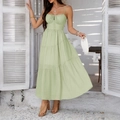 Elegant light green tiered midi dress with spaghetti straps and ruched bodice details - L / Green