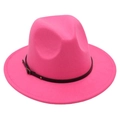 Detailed side view of a magenta wool fedora hat with black leather belt buckle - L / Rose Red