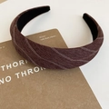 Detail of wide fabric headband with brown herringbone pattern and white polka dot stripes - Headband / Red