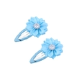 Pair of light blue fabric flower hair clips with central rhinestone for girls - Light Blue