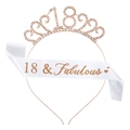 18th Birthday Rose Gold Rhinestone Tiara and White 18 & Fabulous Glitter Sash Set - 18th Birthday Rose Gold Tiara White Sash