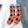 Vintage Lolita crew socks with red argyle pattern and retro girl illustration - One Size / Light Blue/Argyle Girl