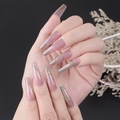 Detailed view of long nude pink press on nails with gold lines and grey-green patterns - CBLCY-K01 Nude Gold Grey Green