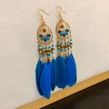Bohemian blue feather drop earrings with gold metal beads and turquoise accents - 11# Blue Enameled Feather Hook