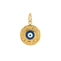 Golden round evil eye pendant with blue and white pattern and embossed texture - Evil Eye