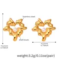 Golden heart stainless steel stud earrings with shell beads and wavy texture detail - Wavy Heart Pearl Gold Stud Earrings