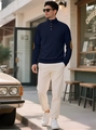 Navy blue knitted long-sleeve polo with stand collar, buttons, and elbow patches - Navy Blue