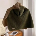 Olive green and beige color-block ribbed knit neck gaiter shawl displayed indoors - Green & Brown
