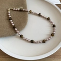 Tiger eye stone beaded necklace with pink pearls and gold metal spacers on ceramic plate - 64# Coffee Square Necklace
