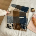 Plaid checkered scarf with fringes in beige brown and navy on a soft white bed - Navy Plaid