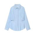 Blusa azul claro de manga larga con cintura fruncida y dobladillo plisado sobre fondo blanco - XS / Azul claro