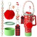 Christmas tumbler accessories set with woven handle, Santa straw cap, and plush heart charm - Christmas Red Theme Set